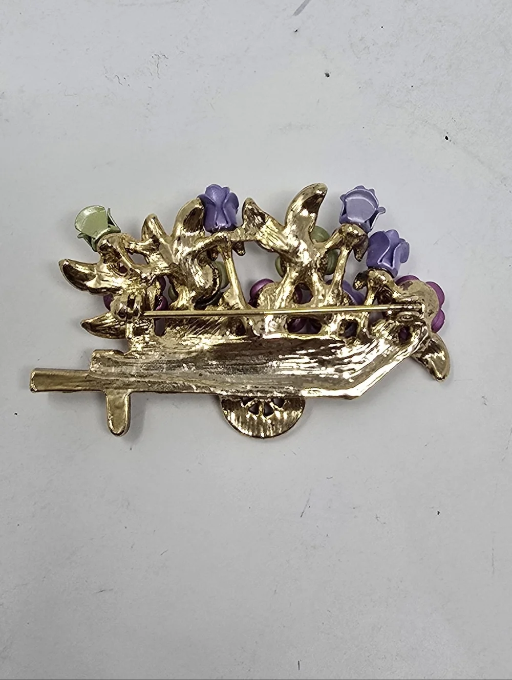 Vtg enamel‎ rhinestone flowers wheelbarrow brooch garden gold tone nature farm